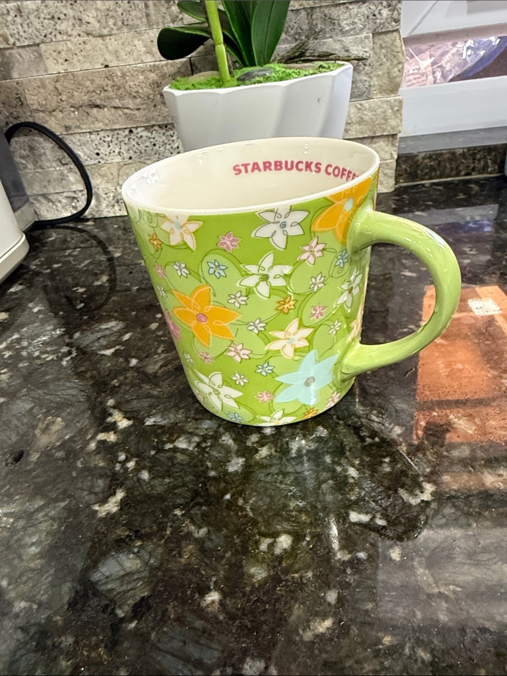 Starbucks Green Floral Ceramic Mug with Multicolor Flowers